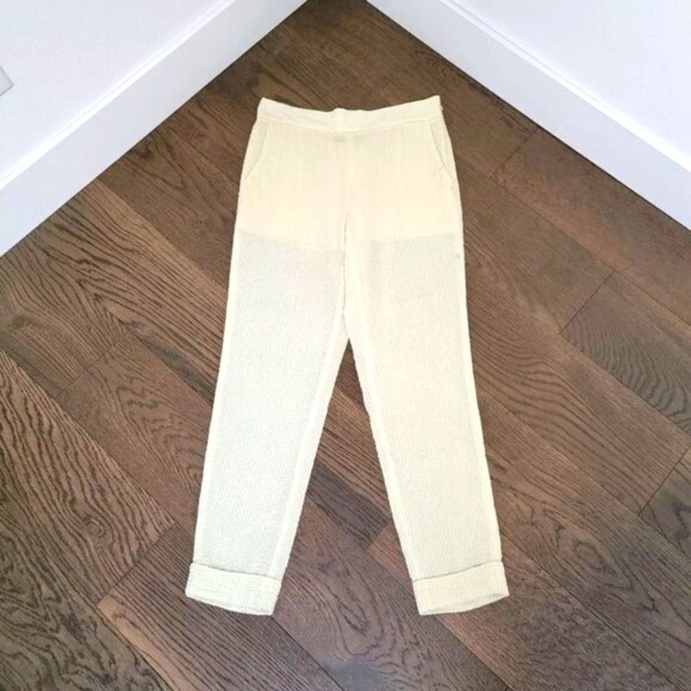 Akris Textured Wool Silk Tapered Stripe Lightweight Side Zip Pant in Yellow